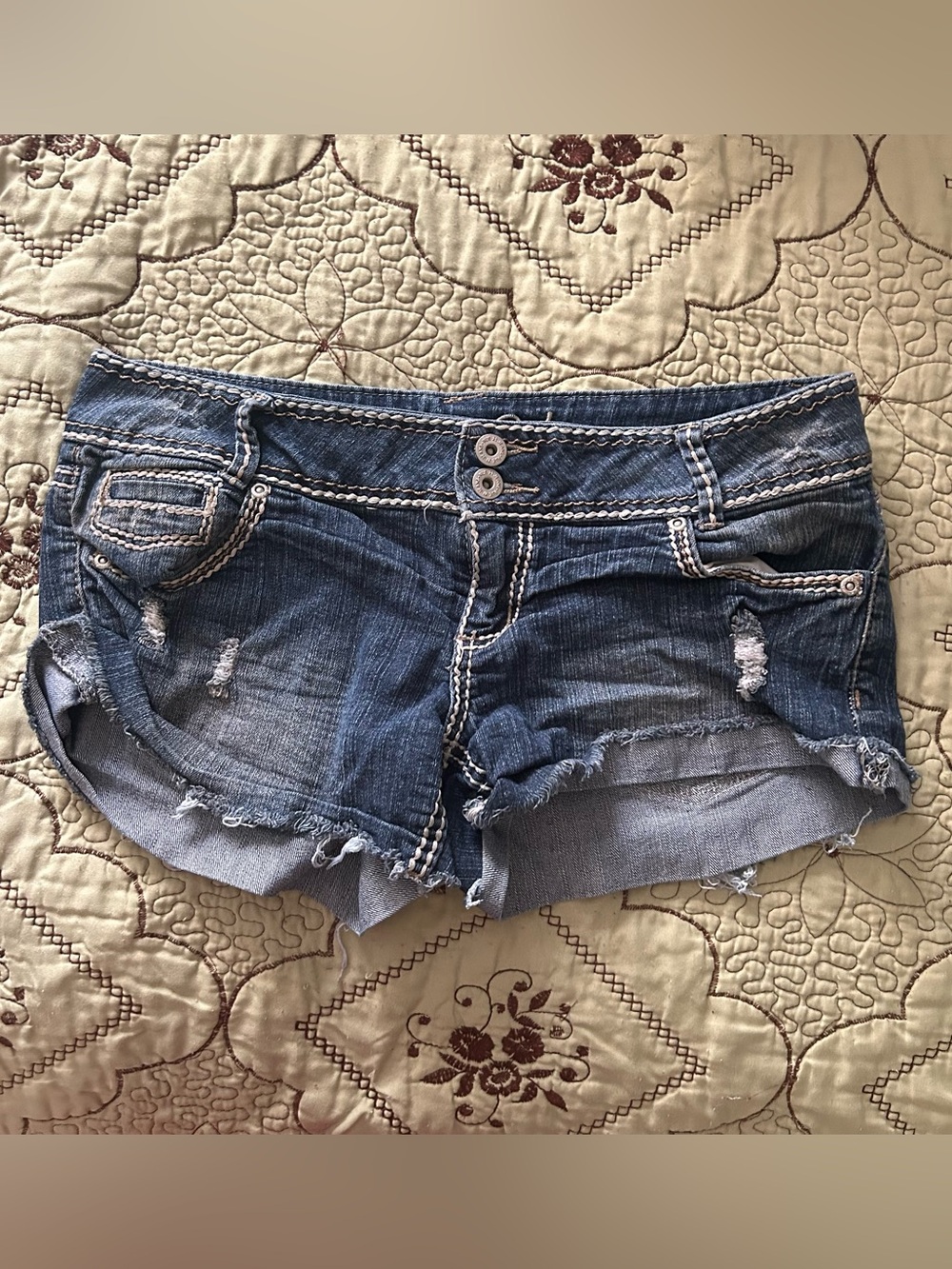 Y2K Distressed Low Rise Denim Shortie Shorts Contrast Stitch Stud Grunge Cut Off